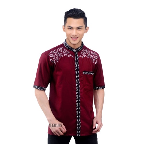 BAJU KOKO PRIA DEWASA KOMBINASI BORDIR BATIK FASHION LENGAN PENDEK TERBARU ALKHALIS