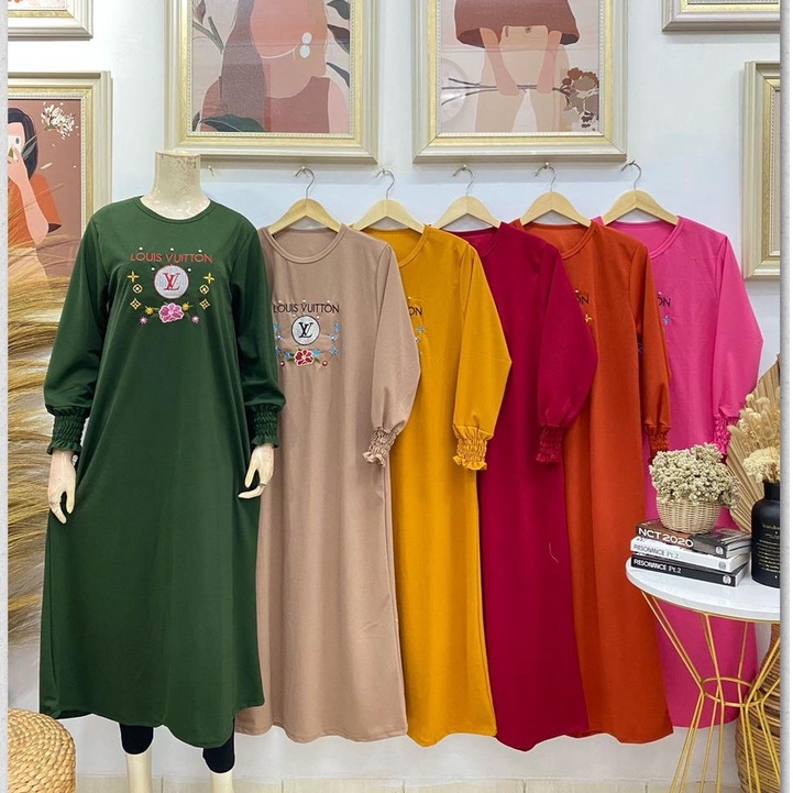 Gamis anak remaja model bordir *L*V* motif polos bahan voxy merk latin (F.30106)