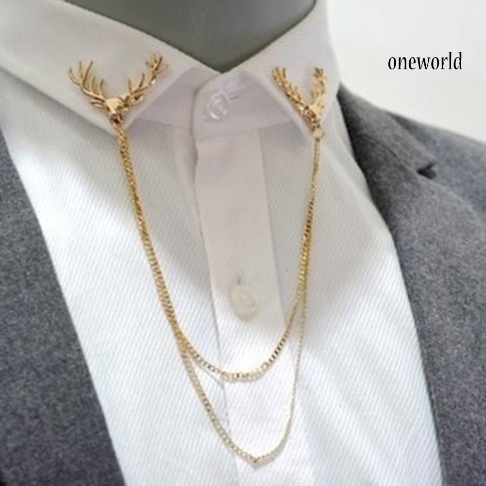 OW@ Fashion Men Women Shirt Suit Collar Deer Head Brooch Pin with Long Chain Gift