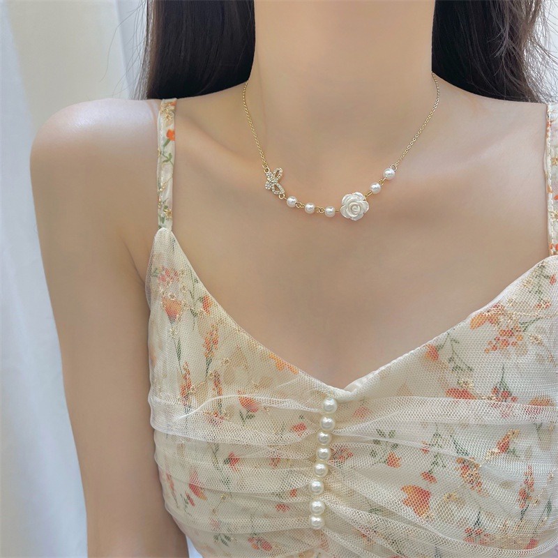 Co Co Co Kalung Rantai Clavicle Desain Bunga Hias Zircon + Mutiara Imitasi Gaya Korea Untuk Wanita