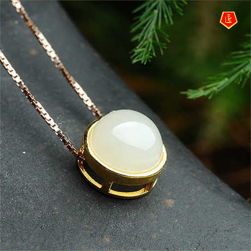 [Ready Stock]Hetian Jade Necklace Female 18K Gold Pendant Korean Style Temperament