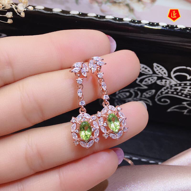 [Ready Stock]Olivine Colored Gems Pendant Full-Jeweled Stud Earrings Open Ring Set