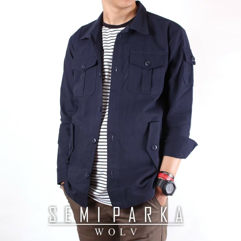 WOLV ORIGINAL JAKET SEMI PARKA CANVAS Jaket pria warna navy rample pocket seri WSP403