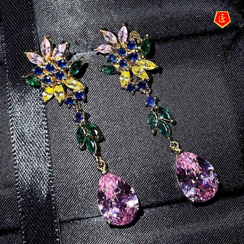 [Ready Stock]Pink Crystal Flower Long Earrings Colored Gems