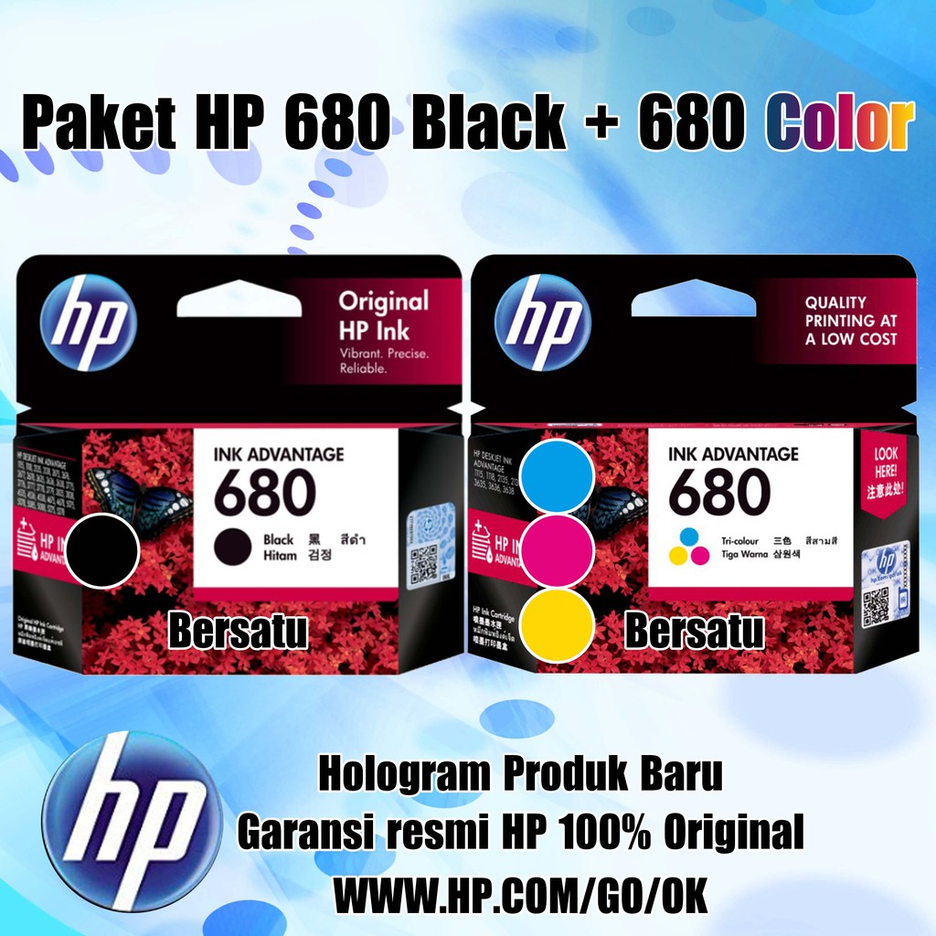 Paket ⑵ Tinta Cartridge HP 680 Ori ∮ Black/B/Bk/Hitam =1 &amp; Color/Colour/C/Cl/Warna =1 ♕ L0 SS Q2