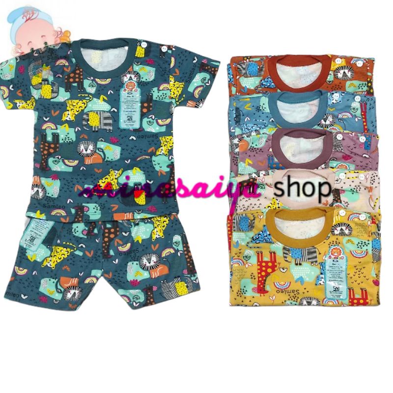 SAMLEO Setelan Bayi Lengan Pendek SNI Kancing Pundak Print Warna Uk. M - XL