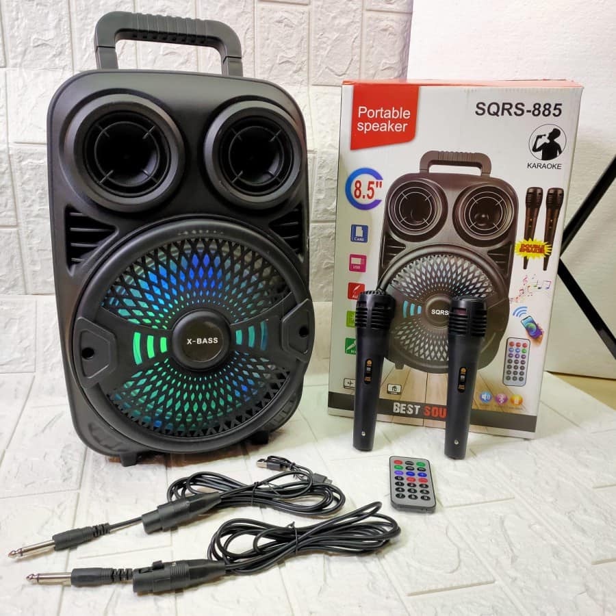 PEAKER BLUETOOTH KARAOKE 8'5 INCH SQRS-885 BONUS 2 MIC KABEL + REMOTE//SPEAKER KARAOKE SQRS-885 X-BASS//SPEAKER