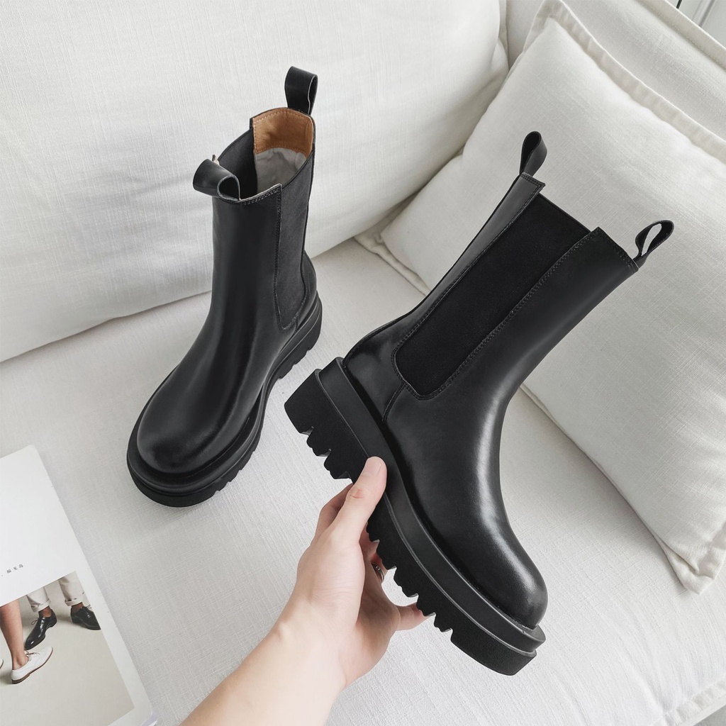 Pipa Asap Boots  Martin Boots Wanita  Inggris Halus Tengah Boots Platform Chelsea Ankle Boots Wanita