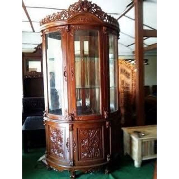 Lemari pajangan pojok  ukir mawar pintu 3 kayu jati murah promo