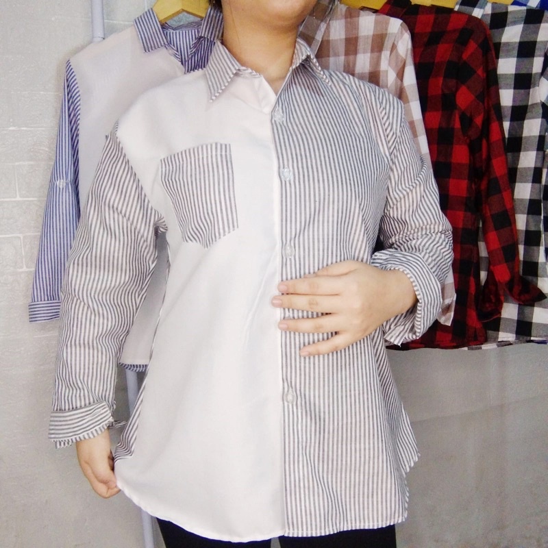 KEMEJA WANITA BAHAN KATUN SALUR KOMBINASI PUTIH FIT TO XL/XXL-Hitam
