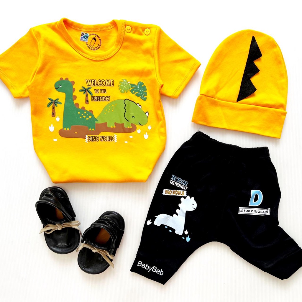 BERSERTIFIKASI SNI DINO WORLD / DUMBO Babybeb Baju Setelan Kemeja Celana Topi Pergi Jalan Fashion Anak Bayi Cowok Laki Terlaris Murah