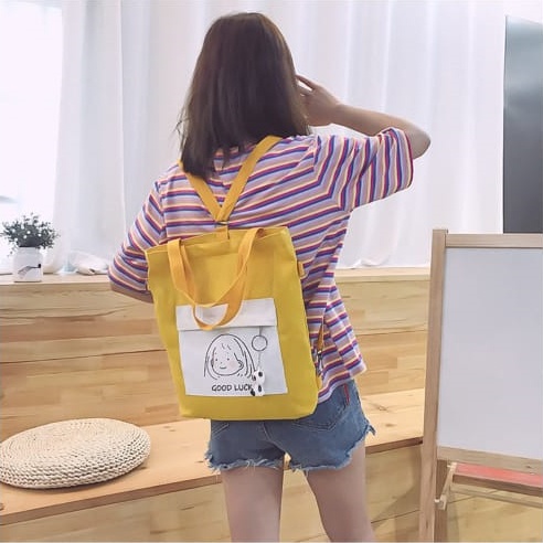 Twenty Bag - Tas Tote Bag Wanita Resleting Terbaru 2022 Aesthetic Kekinian Motif Carakter GOOD LUCK Korea Style Multifungsi Bisa DI Ransel