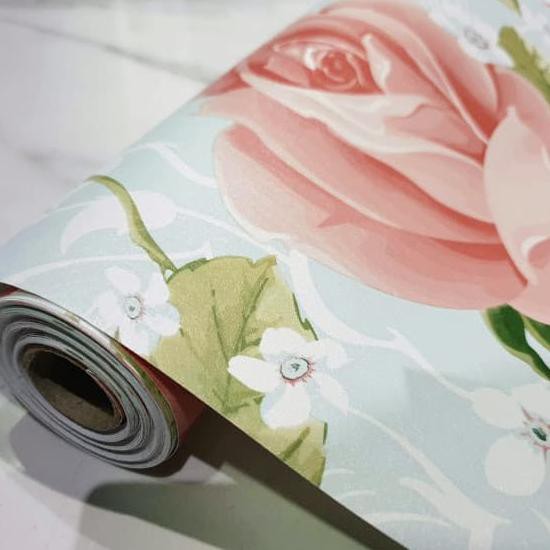 Diskon Grosir Murah Wallpaper Stiker Dinding Biru Bunga Mawar Pink Daun Besar Bagus