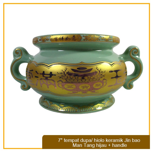 Hiolo / Tempat Bakar Dupa Keramik Hijau + Handle (Kuping) 7"