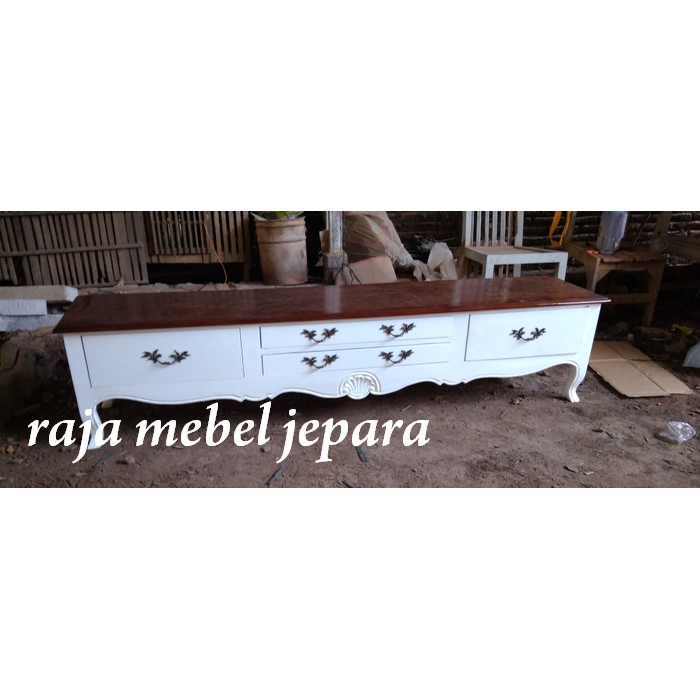 meja tv duco white antik, meja tv klasik kayu jepara, furniture jepara