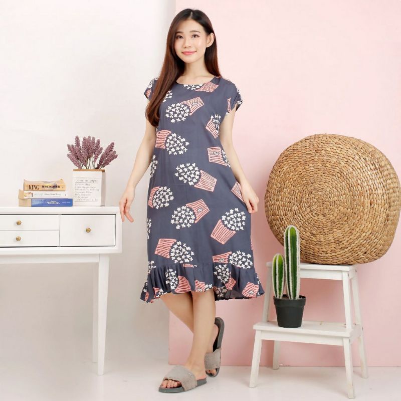 Ecer Daster Midi Ruffle Motif Popcorn Katun Murah