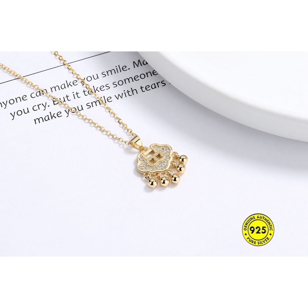 Kalung Rantai Klavikula S925 Silver Gold Plated 18K Hias Liontin Gembok Hati Berlian Untuk Wanita