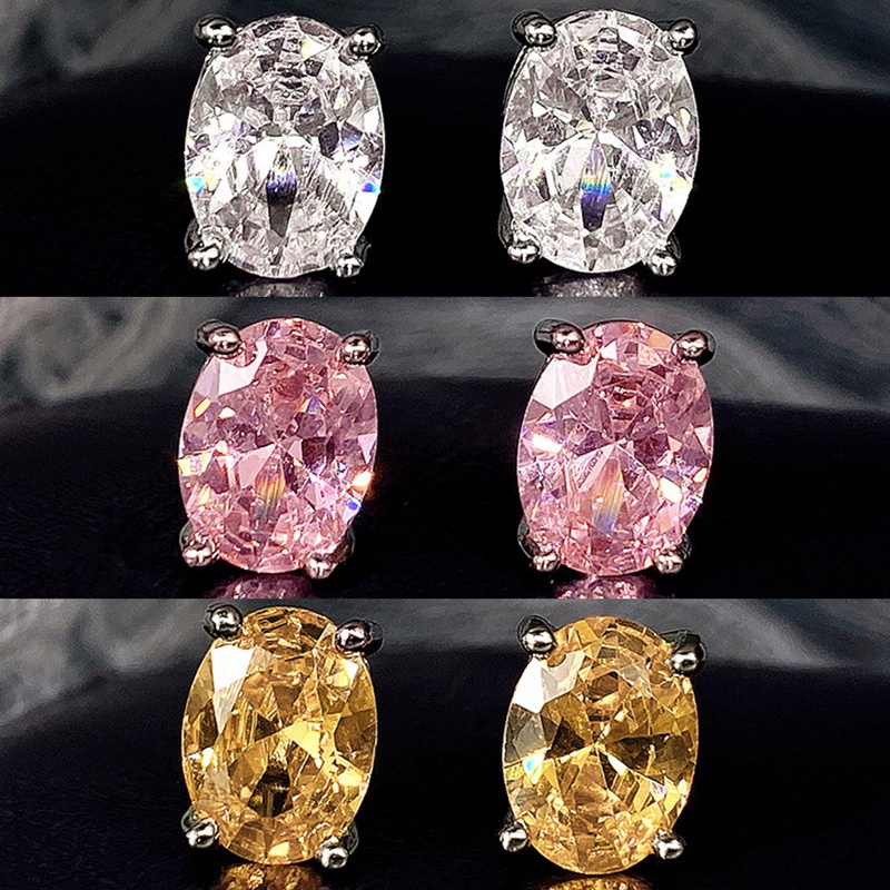 Anting Stud Cubic Zirconia Bentuk Oval Warna Putih Pink Kuning Gaya Minimalis Elegan Untuk Wanita