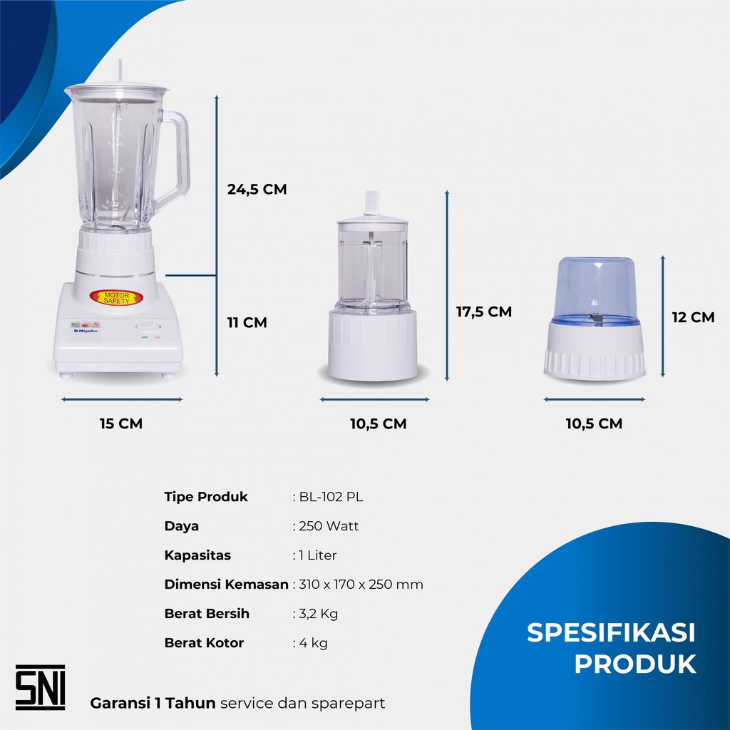 Blender Listrik Miyako BL-102PL Mika 3 in 1 Plastik 1L 1 Liter