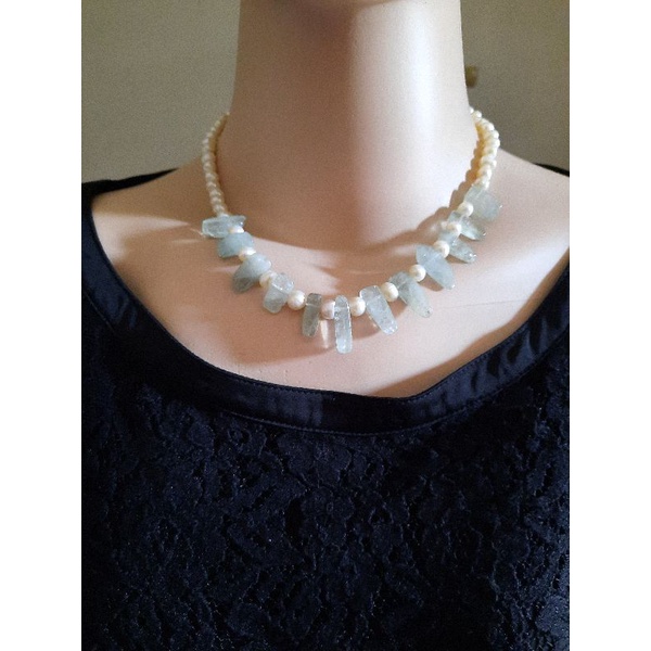 Kalung choker natural stone aquamarine mix mutiara