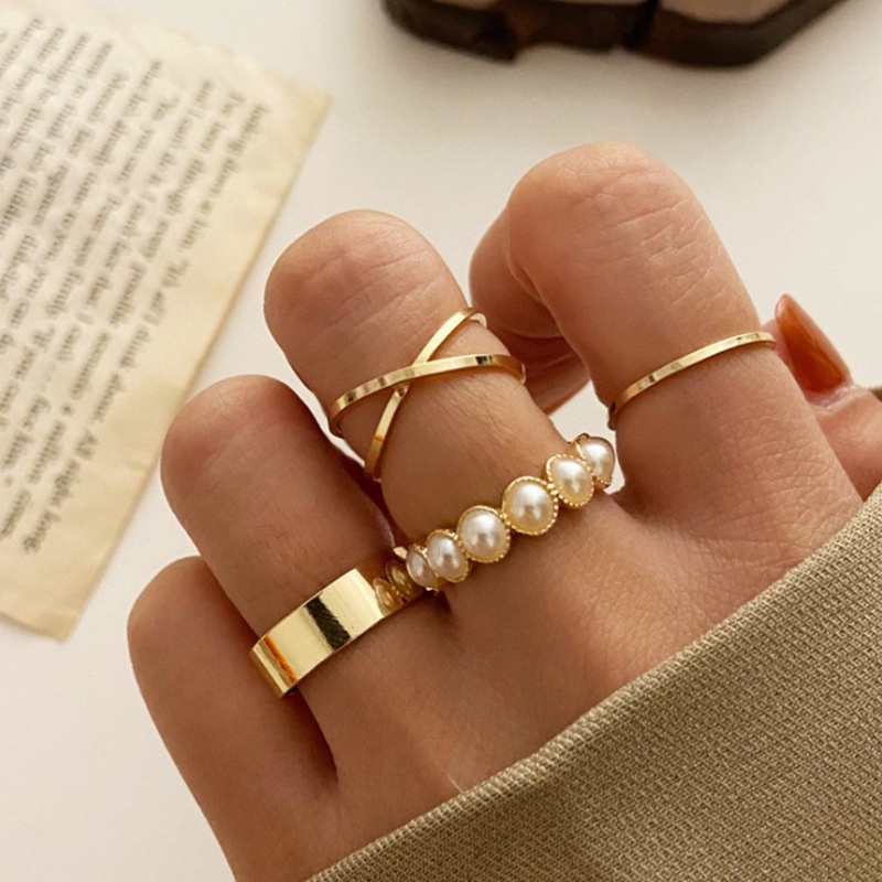 Set Perhiasan Cincin Jari Bentuk Geometris Twist Hollow Aksen Mutiara Gaya Vintage Boho Untuk Wanita