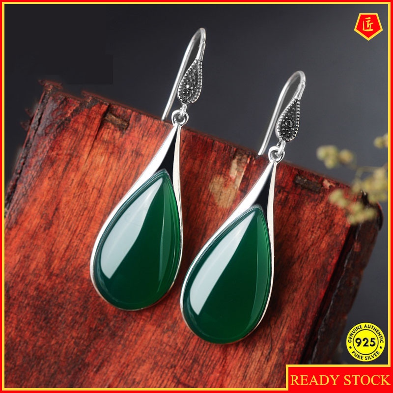 Green Chalcedony Ear Hook Vintage Drop-Shaped Red Garnet Earrings Temperament Hetian Jade Ear Hook