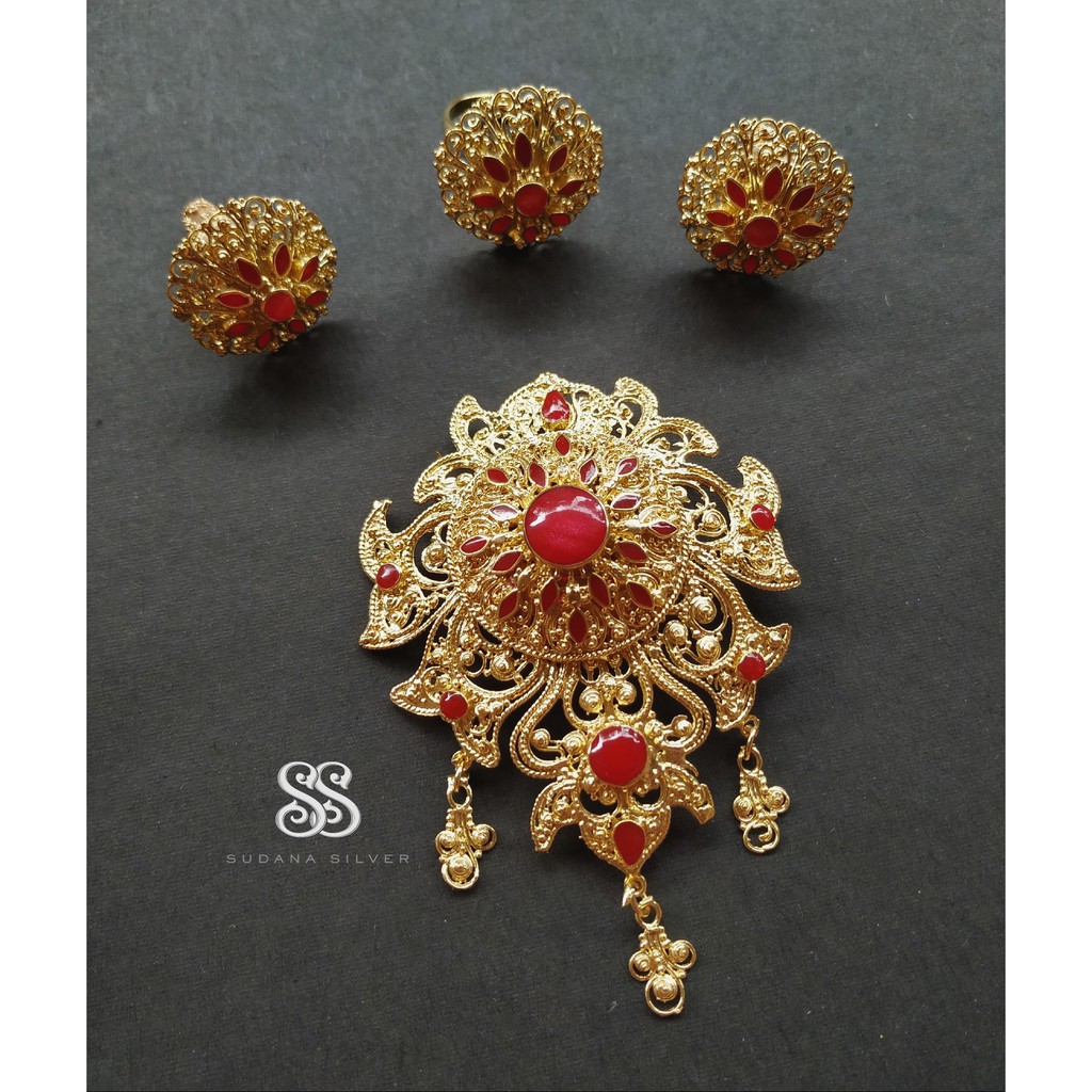 Bros Alpaka Resin Merah Hijau Aksesoris Perhiasan Bali