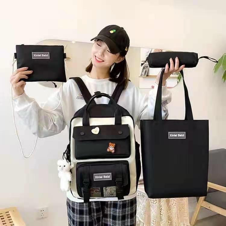 Tas Sekolah Anak SD SMP SMA Wanita Perempuan Tas Backpack Ransel Sekolah Tas Kerja Wanita Tas Import Tas 5 in 1-4In1Hitam