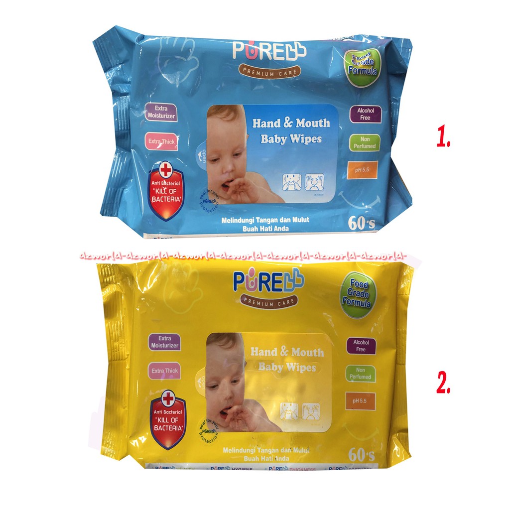 Pure Baby Hand Mouth Baby Wipes 60sheet Tissue Basah Bayi Biru Kuning