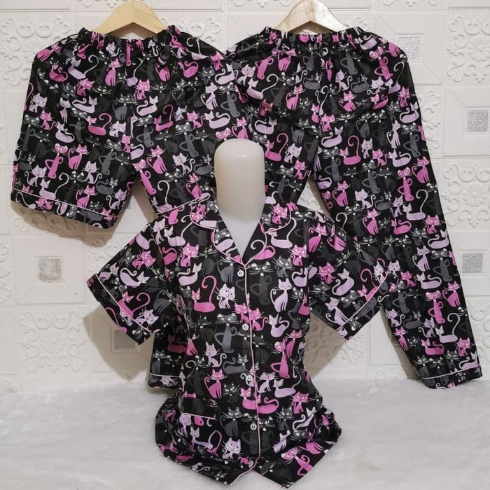 SEASOND IND 3in1 Piyama/Baju Tidur Wanita Dewasa Hello Kitty/L Fit to XL-Black Cat