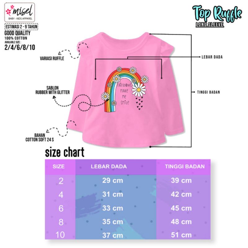 T'shirt Panjang anak perempuan, Kaos model ruffle original misel