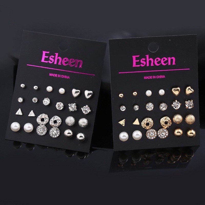 12 Pasang Stud Earring Set | Anting Wanita Korean Style Jewelry Set Alloy Steel Crystal-1