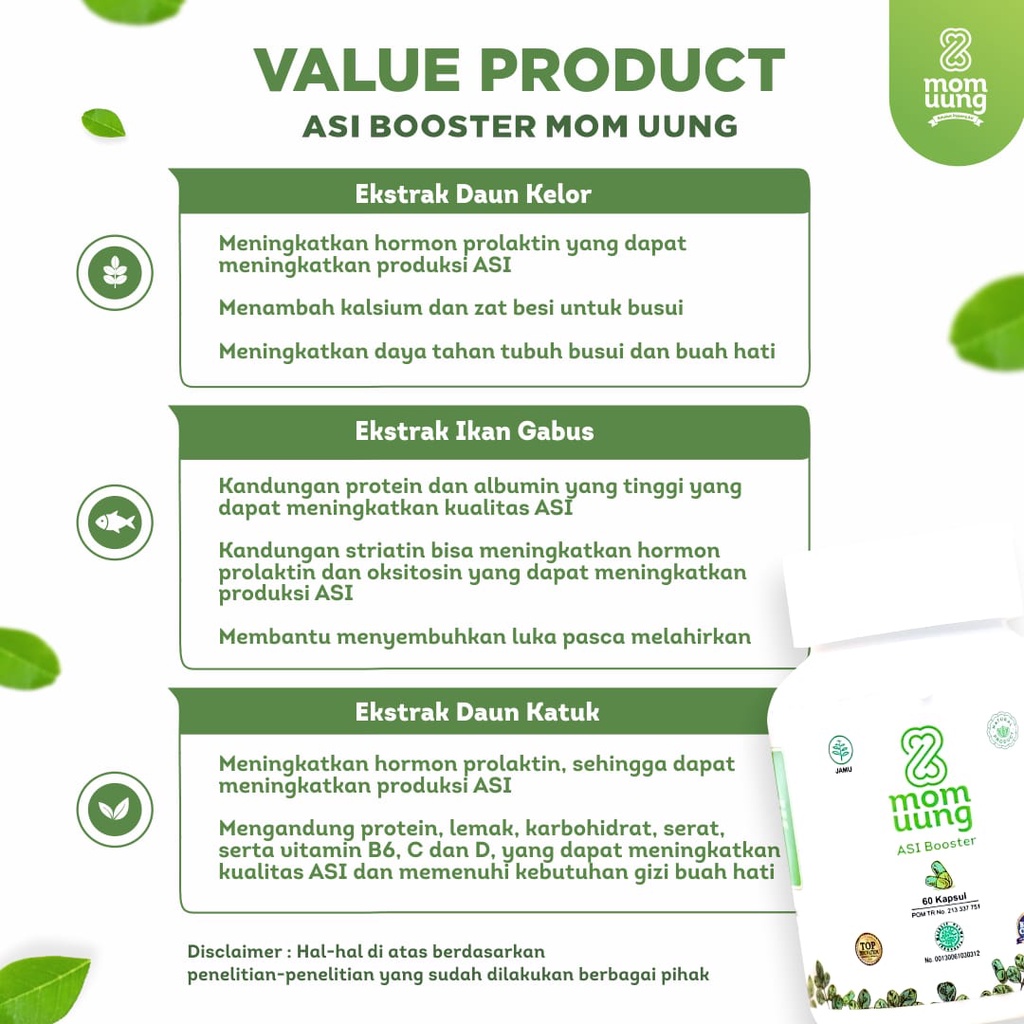 MOM UUNG ASI BOOSTER/ PELANCAR ASI BPOM HALAL NATURAL PRODUK 30 KAPSUL