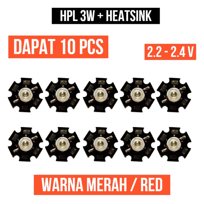 Lampu HPL 3W Merah Heatsink High Power LED Red 3 Watt W Star 10 Pcs