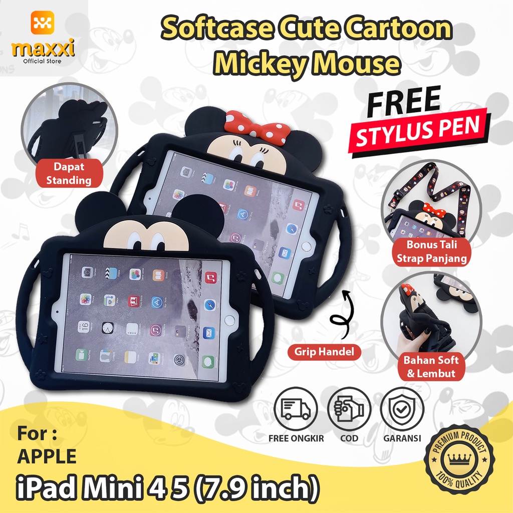 iPad Mini 4 5 7.9 inch Softcase Kartun Anak Mickey Minnie Cute Case Casing Cover Tali Strap Standing