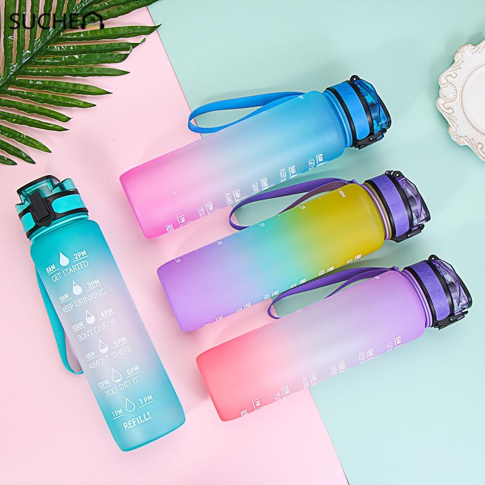 1000/2000ML Sport Water Bottle Portable Gradient Bottle Transparent Straw Water Cup Large-capacity Timer Indicator Sports Fitness Outdoor Travel Tumbler