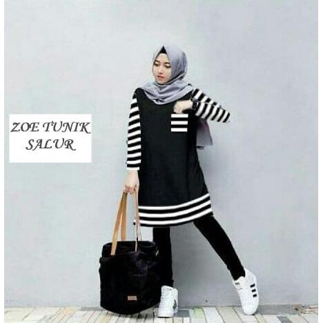 ANGGUN CA123 BAJU ATASAN WANITA ZOA TUNIK / TUNIC SALUR HITAM PUTIH MONOCHROME EKSTRA