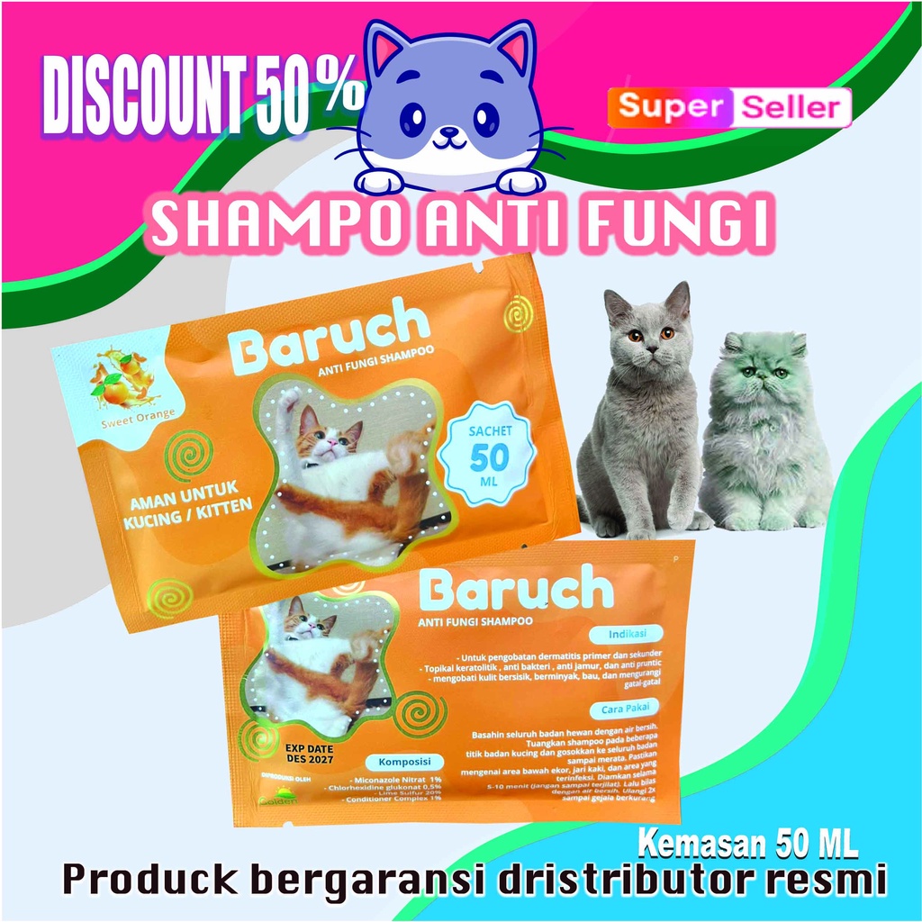 BARUCH-SHAMPOO ANTI FUNGI PADA KUCING-AMAN UNTUK KITTEN-50 ML-ANTI BAKTERI-ANTI JAMUR-