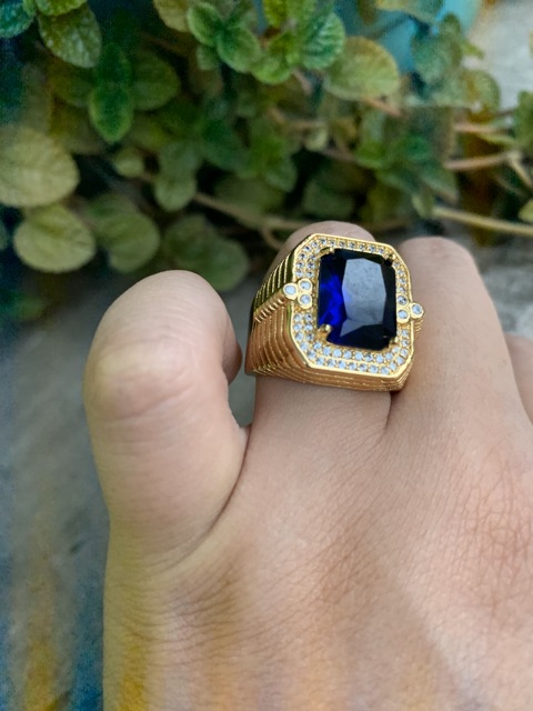 Cincin Pria Luxury Safir Biru Ring Gold Filled Terpadu Mewah Berkelas