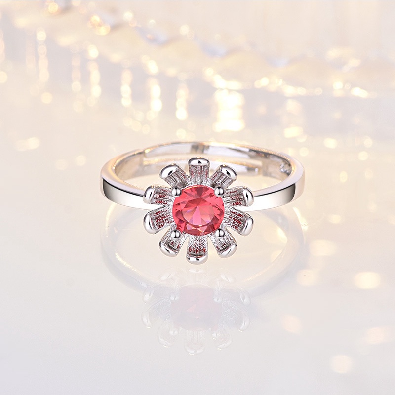 Cincin Sterling Silver 925 Model Bunga Dengan Batu Ruby Kubik Zirkonia Untuk Wanita