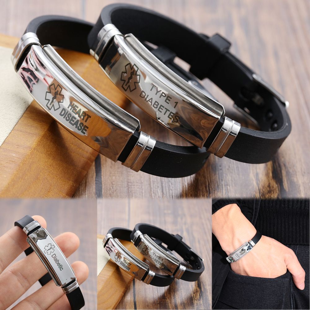 ROW New Bangles Women Men Diabetes Medical Alert Bracelets 16 Styles Stainless Steel Silicone Emergency Jewelry Gifts Epilepsy Alzheimer'S