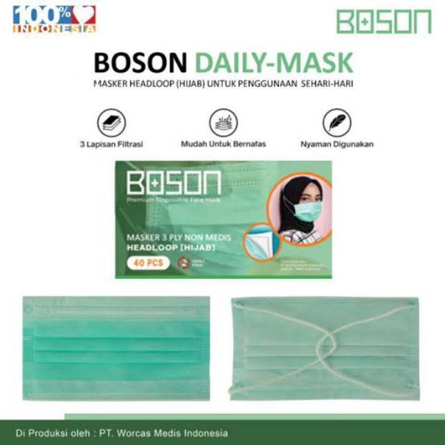 BOSON masker hijab headloop 3ply isi 40pc/box