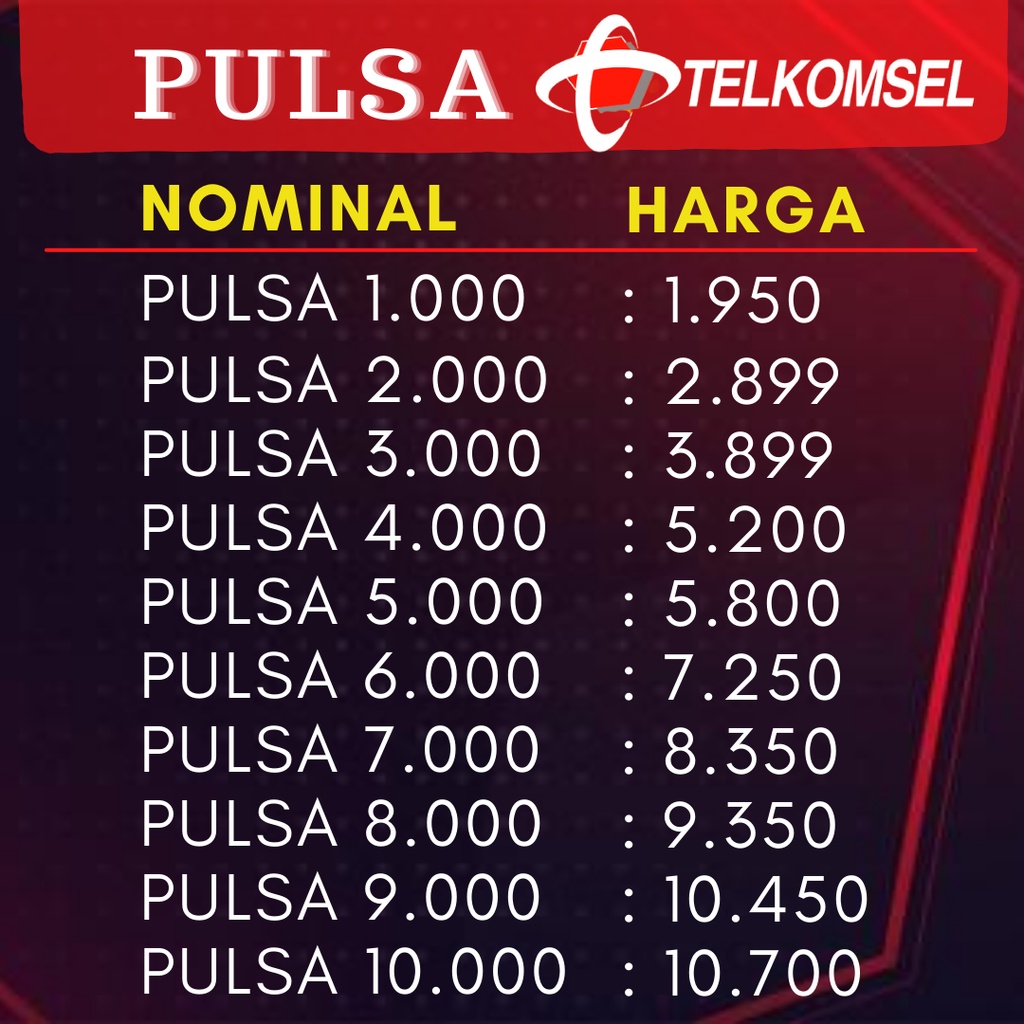 PULSA TELKOMSEL Kartu AS Loop Simpati REGULER 1K 2K 3K 4K 5K 6K 7K 8K 9K 10 TERMURAH