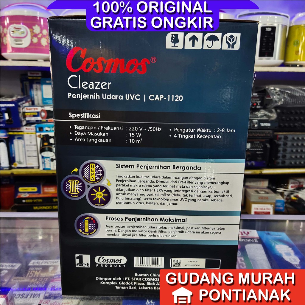 Air Purifier Cosmos PEMBERSIH VIRUS dengan Hepa Filter dan UVC Sistem Penjernihan Ganda CAP-1120