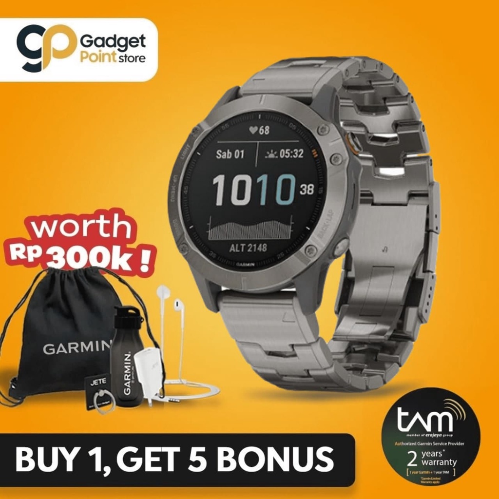 Garmin Watch Fenix 6 Titanium with Vented Titanium Bracelet - Garansi Resmi Tam 2 Tahun