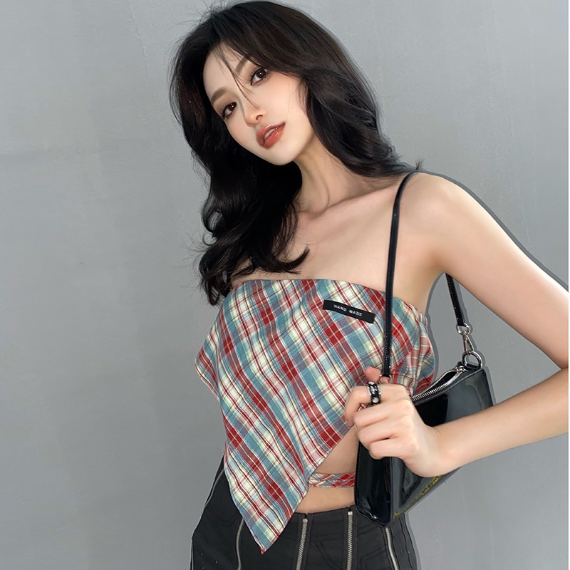 #Sisjuly# Retro putih kasual kotak-kotak tidak beraturan tube top meliputi daging blus lengan panjan