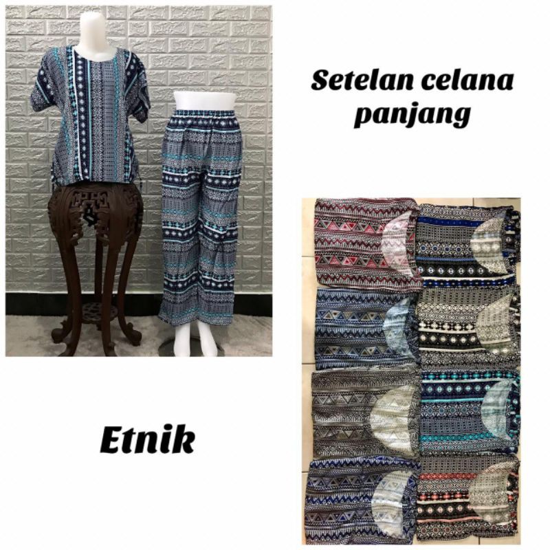 Setelan Celana Panjang Motif Etnik Rayon Bali