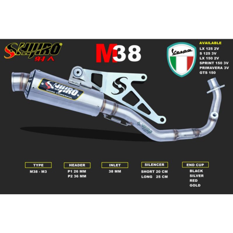 Kenalpot racing Shijiro Vespa Matic iget Primavera Lx Sprint Tipe M1 M2 M3 dengan inlet 38mm Origina