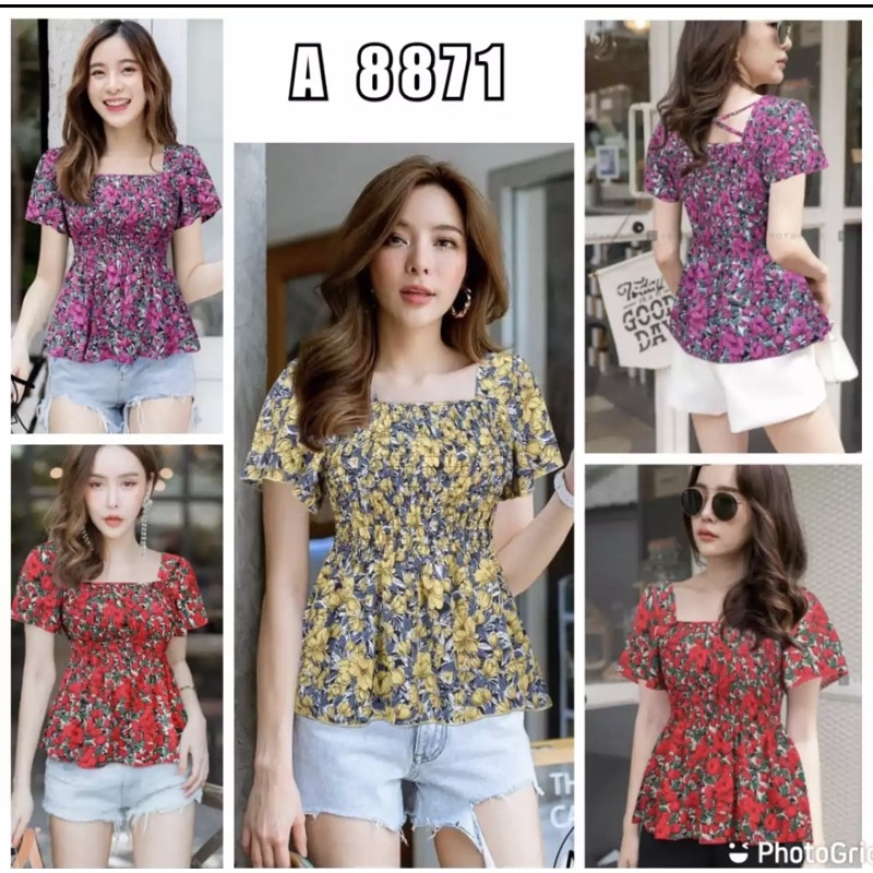 Blouse Lengan Pendek Baju Smoke Kerut Dada Wanita Katun Import Fashion Perempuan GA8871