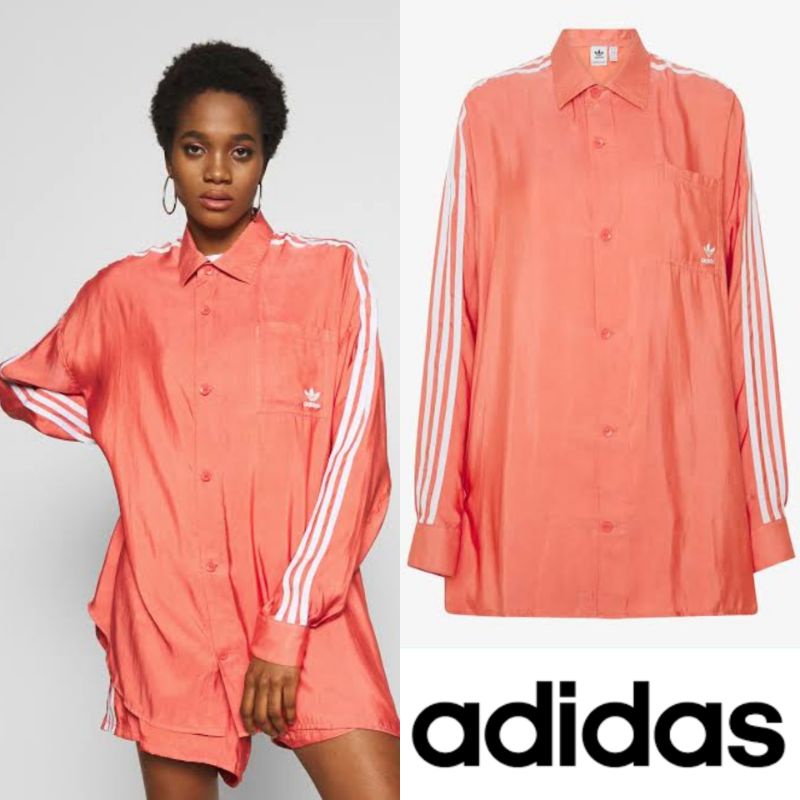 adidas adid*s orange yellow satin button up hm shirt kemeja with 3 stripes